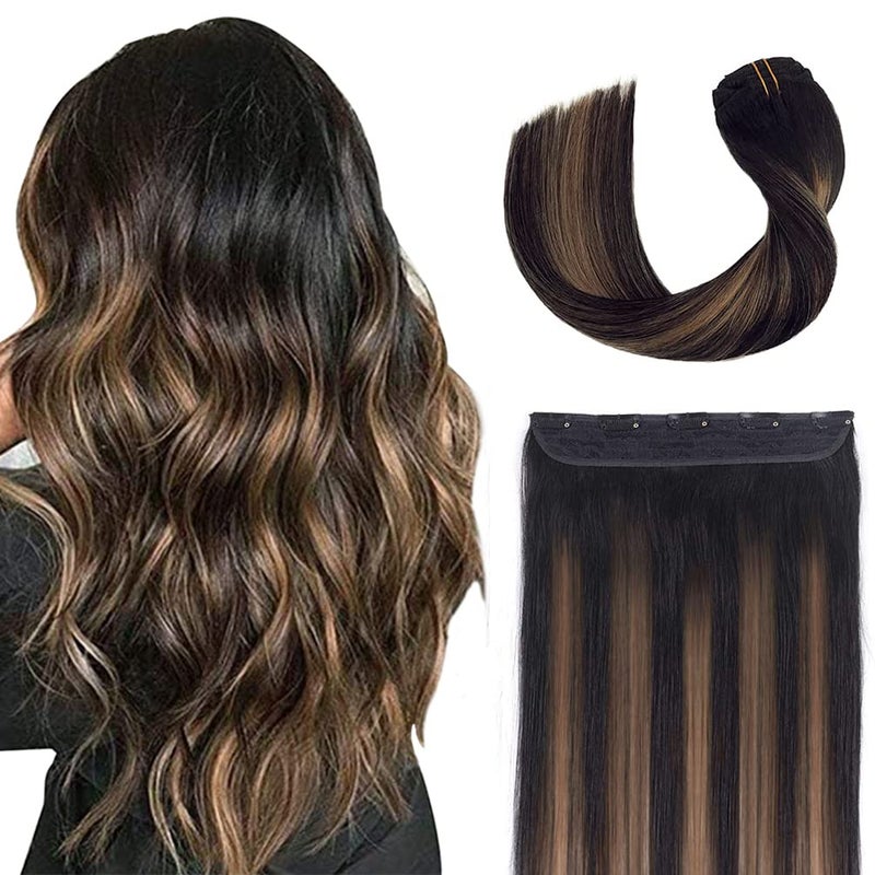 Winsky Hair Extensions Real Human Hair  One Piece Black Balayage Remy Hair Extensions Clip on 70gram for Women 16inch 1BT6P1B